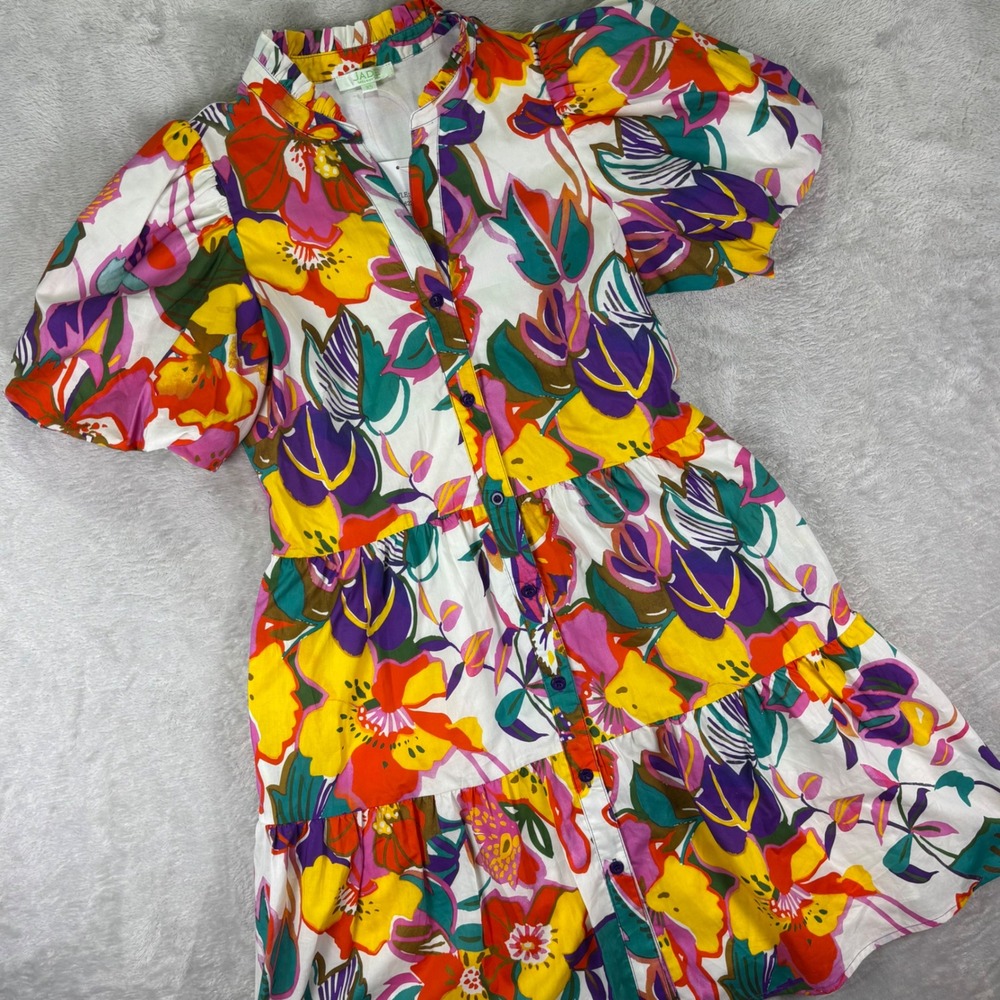 Jade by Melody Tam Women's Dress XS Multicolor‎ Tropical Puff Sleeve Tiered NWT